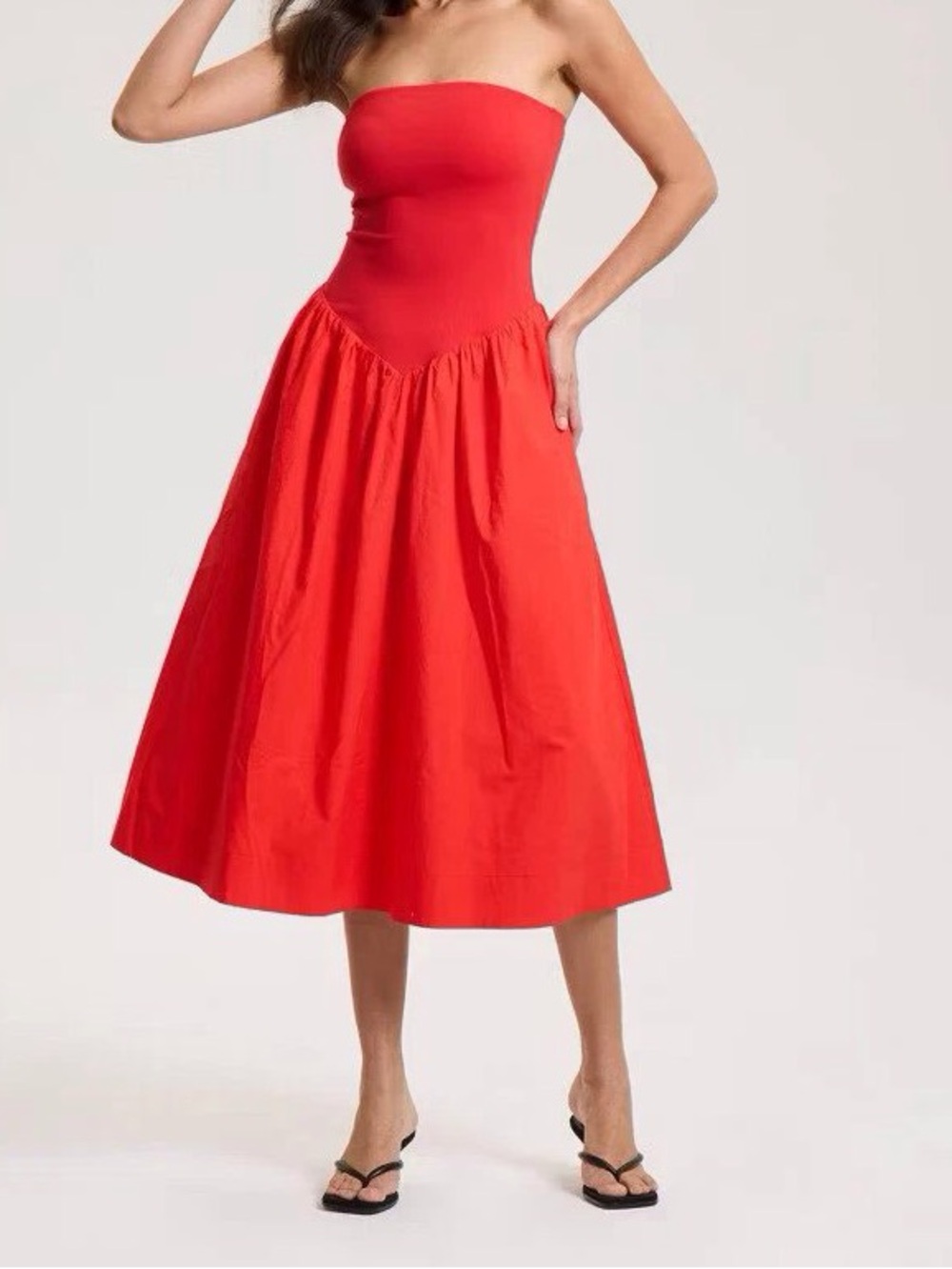 Strapless A-Line Midi Dress in Bold Red - Picture 1 of 2